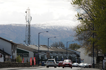Aviemore's Main Street, with the Cairngorms in the Background