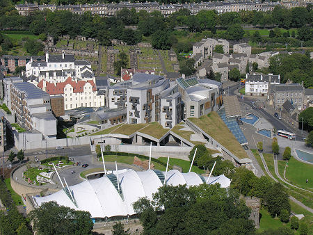 The Scottish Parliament from Salisbury Crags.  The White Building in the Foreground is Dynamic Earth.