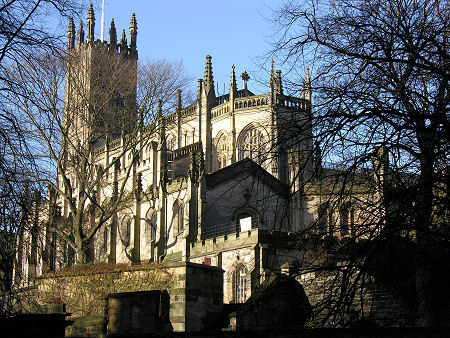 St John's from the South-East.  The four layers are, from bottom to top, St John's Terrace, the Church Hall, the South Aisle, and the Nave