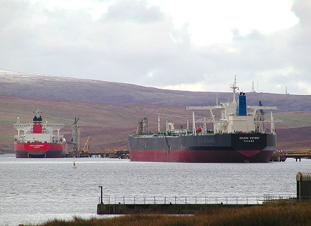 Tankers at Sullom Voe, With Ronas Hill in the Background