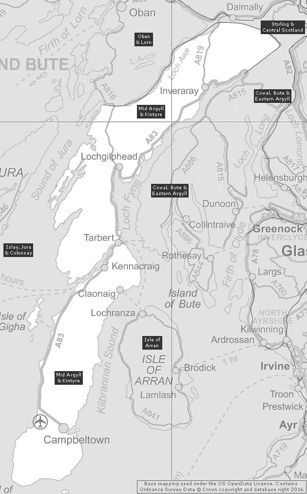 Mid Argyll & Kintyre, Showing Main Settlements & Connecting Areas