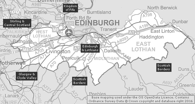 Edinburgh & Lothians, Showing Main Settlements & Connecting Areas
