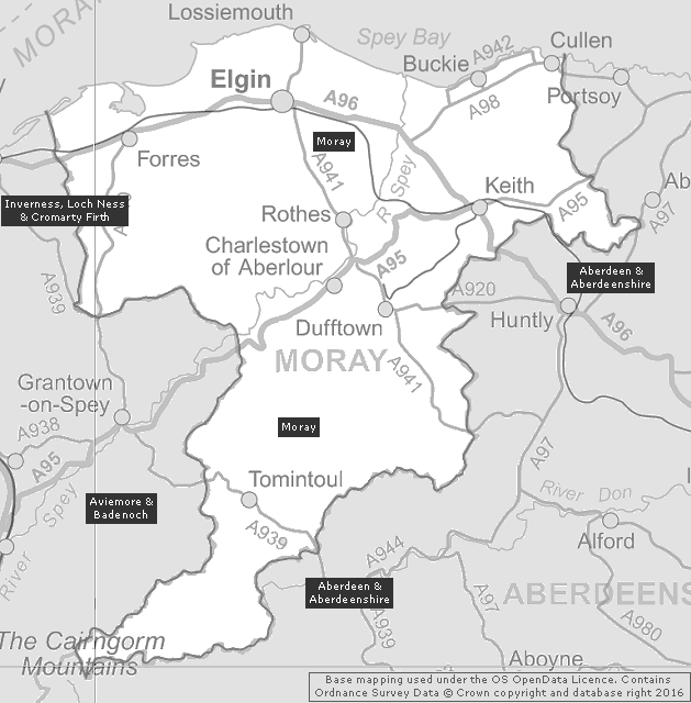Moray, Showing Main Settlements & Connecting Areas
