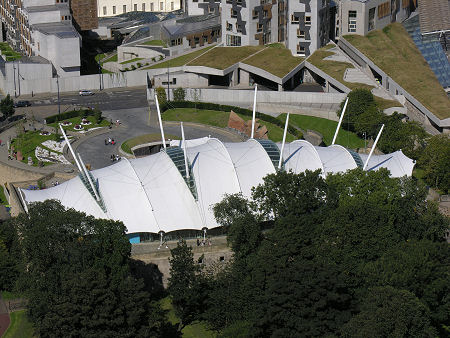 Our Dynamic Earth from Salisbury Crags, with the Scottish Parliament in the Background