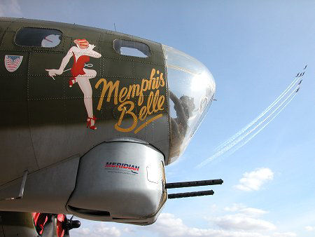 B17 Flying Fortress "Sally B" & "Memphis Belle", with the Patrouille de France in the Background 