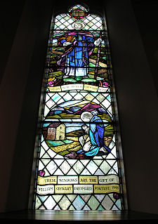 One of the Stained Glass Windows: Depicting St Ninian and his "White Church"?