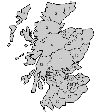 Map Showing Scottish Counties from 1890 to 1975