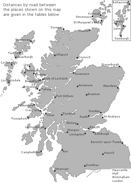 Map Showing Places in Distance Tables Below